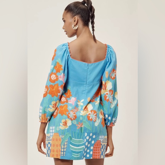 Farm Rio x Anthropologie Blue Floral Linen Blend Long Sleeve Mini Dress - Picture 2 of 14
